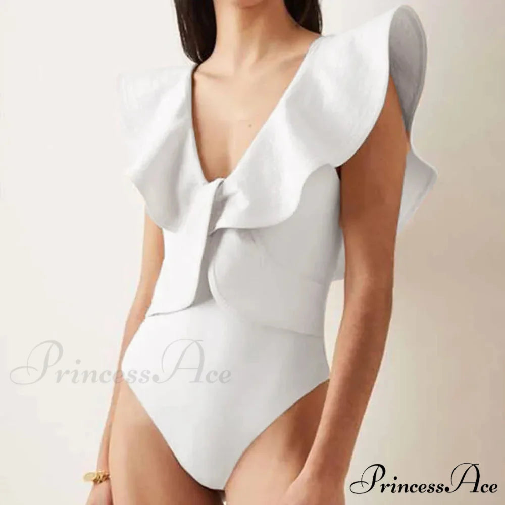 Solid Deep V-Neck Tailored Swimsuit Single Piece Ivory / S onepiece-250223