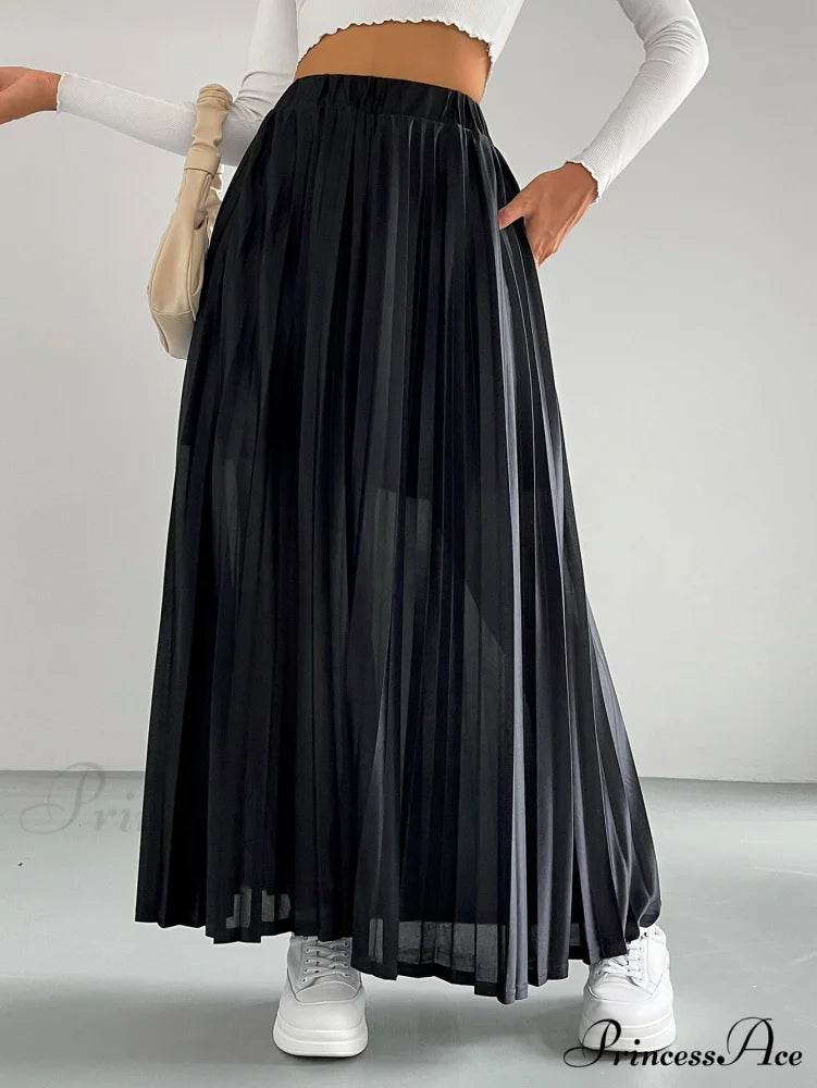 Solid Elastic Waist Pleated Skirt Black / XS