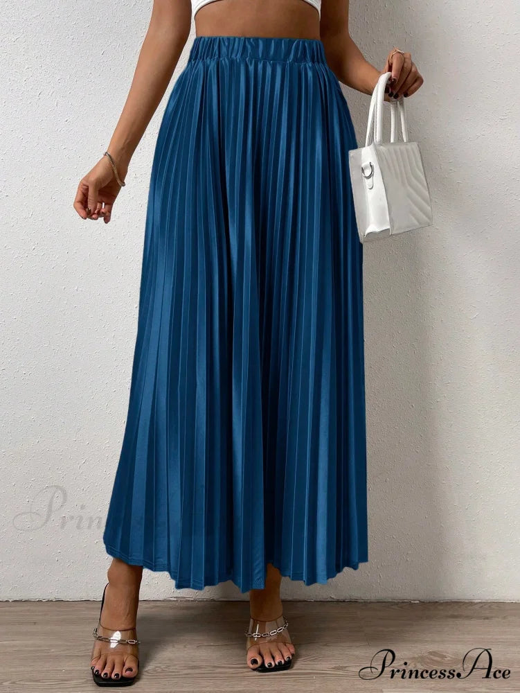 Solid Elastic Waist Pleated Skirt Blue / XS