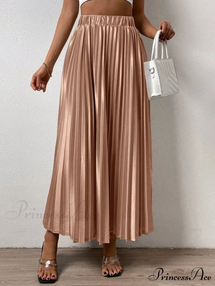 Solid Elastic Waist Pleated Skirt Camel / XS