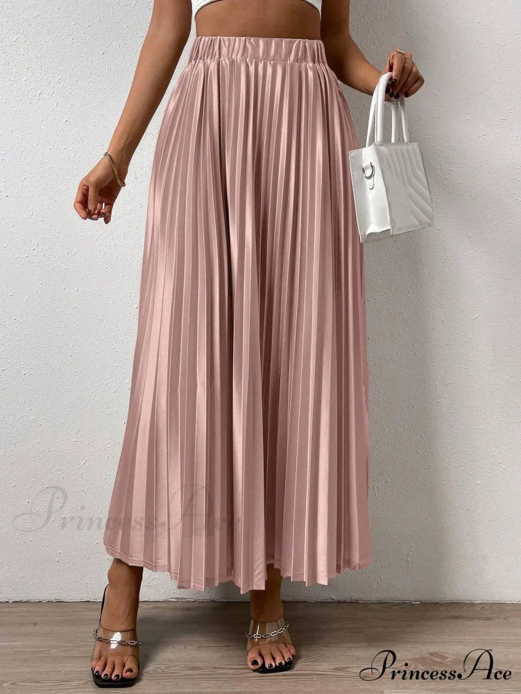 Solid Elastic Waist Pleated Skirt Coral Pink / XS