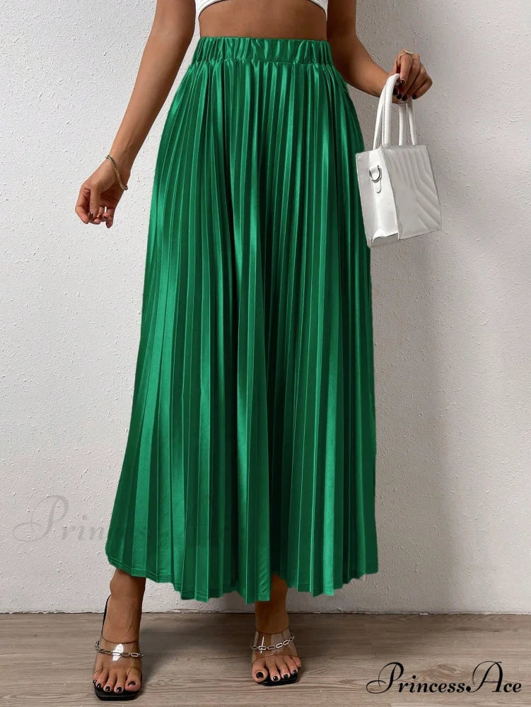 Solid Elastic Waist Pleated Skirt Dark Green / XS
