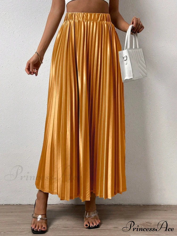 Solid Elastic Waist Pleated Skirt Gold / XS