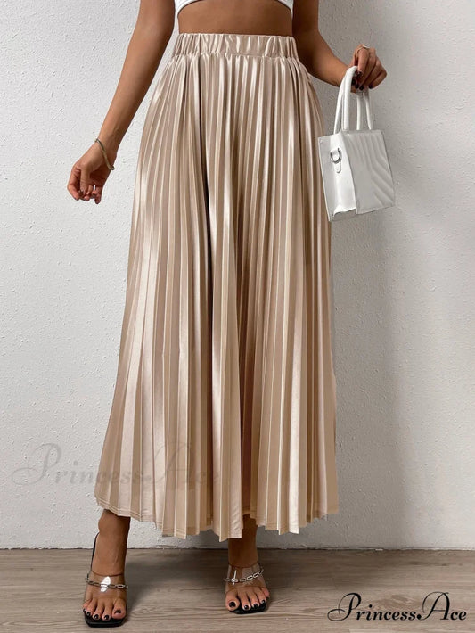 Solid Elastic Waist Pleated Skirt Khaki / XS