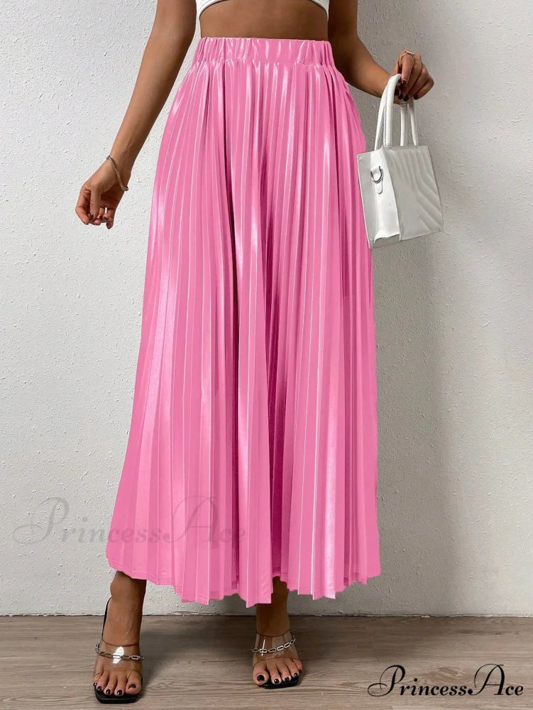 Solid Elastic Waist Pleated Skirt Watermelon Pink / XS