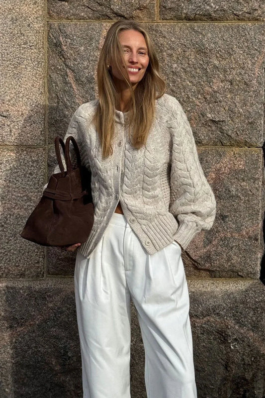 Solid Elegant Crewneck Cable Short Cardigan Sweater