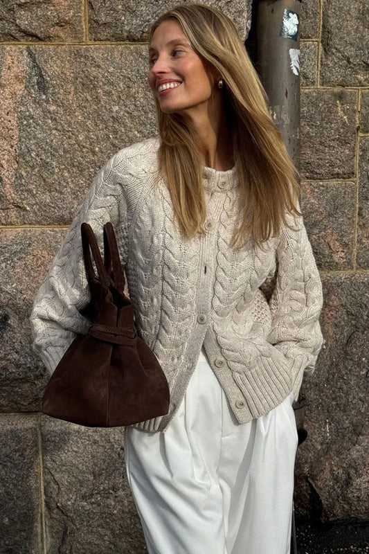 Solid Elegant Crewneck Cable Short Cardigan Sweater