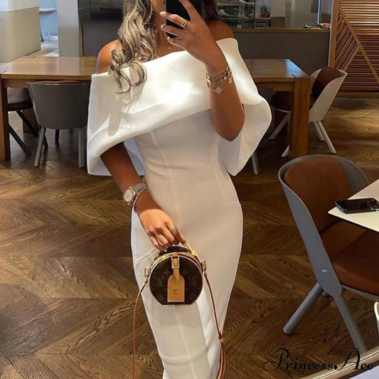 Solid Elegant Off Shoulder Midi Bodycon Formal White Dress White / S