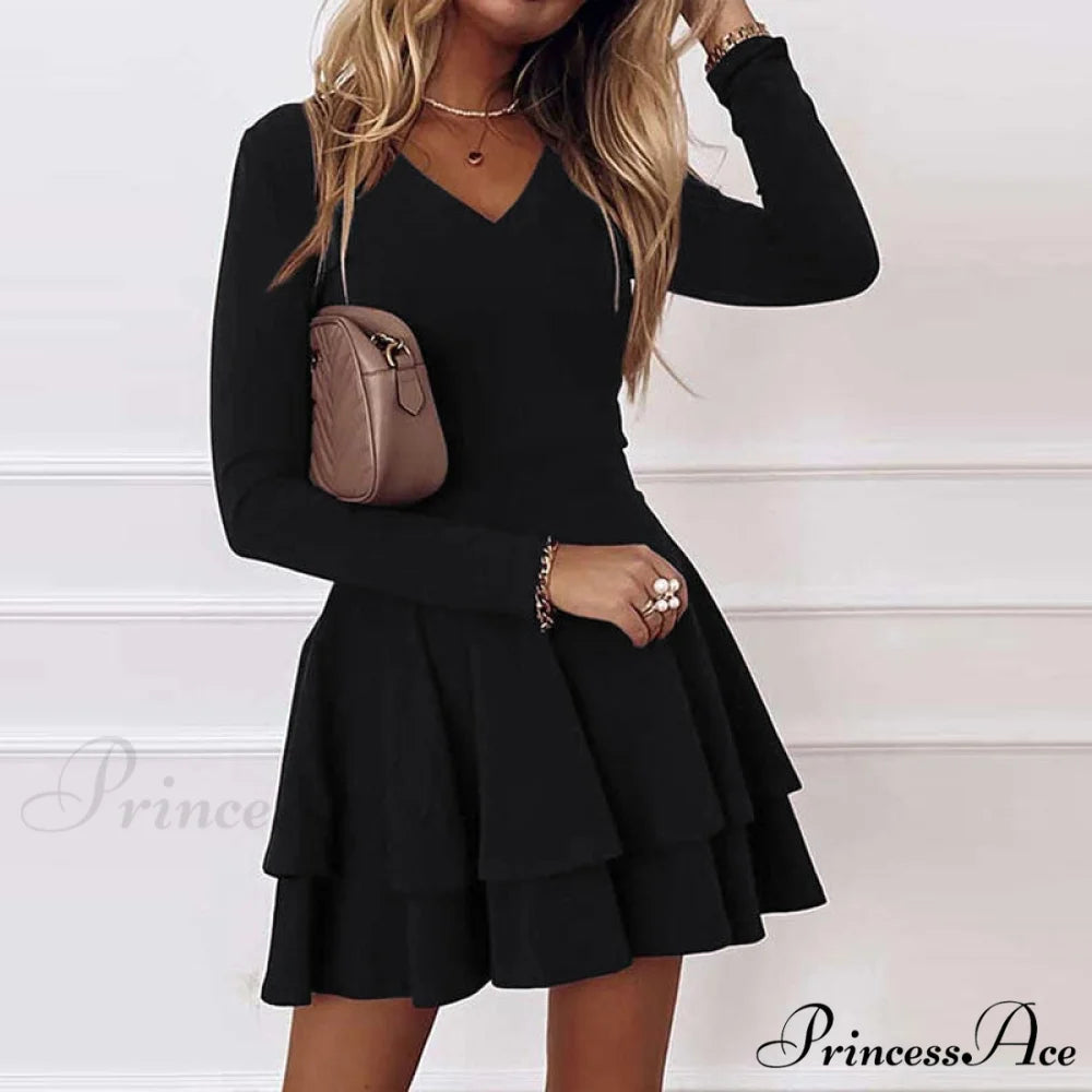 Solid Elegant Women’s - Ruffle Fashion Gown - V-neck Long Arm A-Line Party Color Dress black / S
