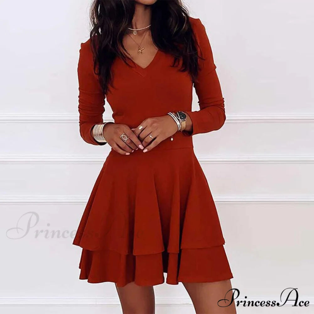 Solid Elegant Women’s - Ruffle Fashion Gown - V-neck Long Arm A-Line Party Color Dress Red / S