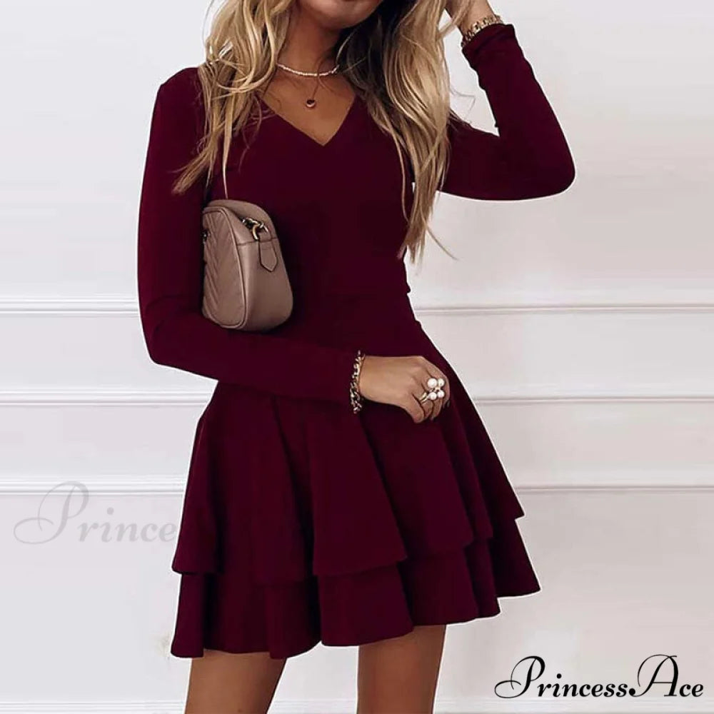 Solid Elegant Women’s - Ruffle Fashion Gown - V-neck Long Arm A-Line Party Color Dress Wine Red / S