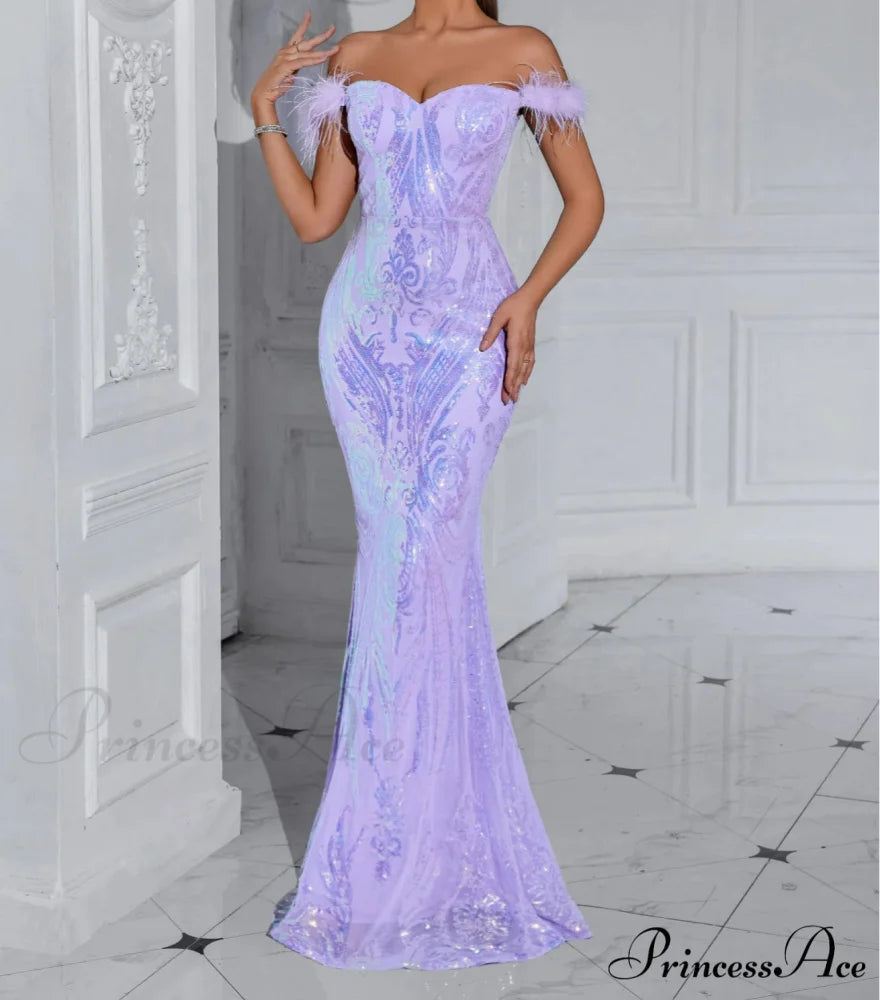 Solid Faux Feather Off-Shoulder Party Dress