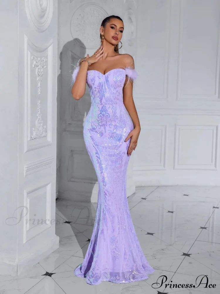 Solid Faux Feather Off-Shoulder Party Dress Violet Club Dress / XS