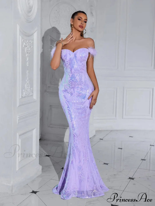 Solid Faux Feather Off-Shoulder Party Dress Violet Club Dress / XS