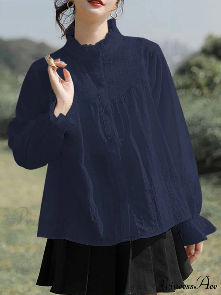 Solid Frilly High Neck Long Sleeve Blouse Dark Blue / S blouse-250126