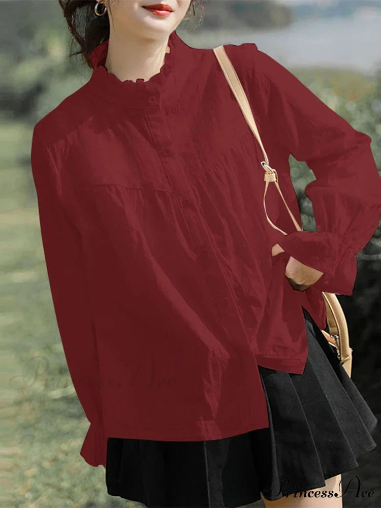 Solid Frilly High Neck Long Sleeve Blouse Red / S blouse-250126