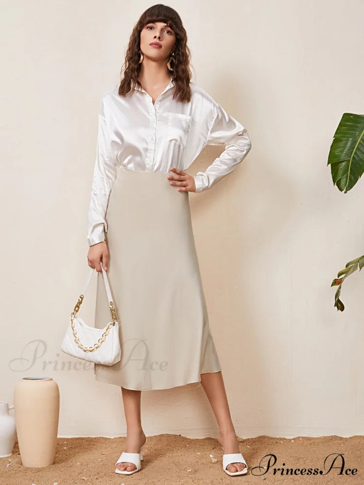 Solid High Waist Satin Skirt Workwear