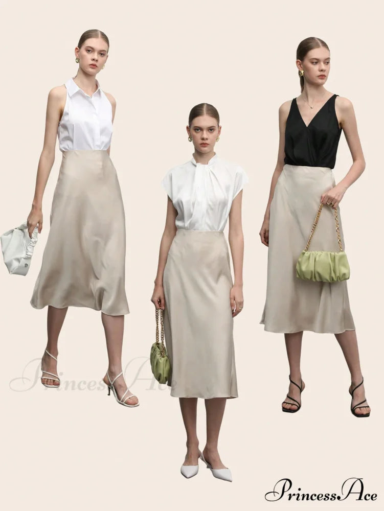 Solid High Waist Satin Skirt Workwear