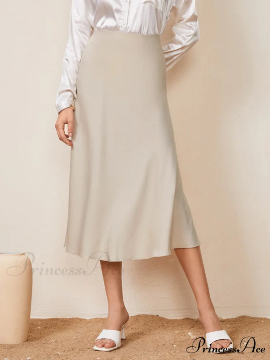Solid High Waist Satin Skirt Workwear Apricot / XS