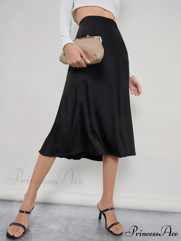 Solid High Waist Satin Skirt Workwear Black / XS