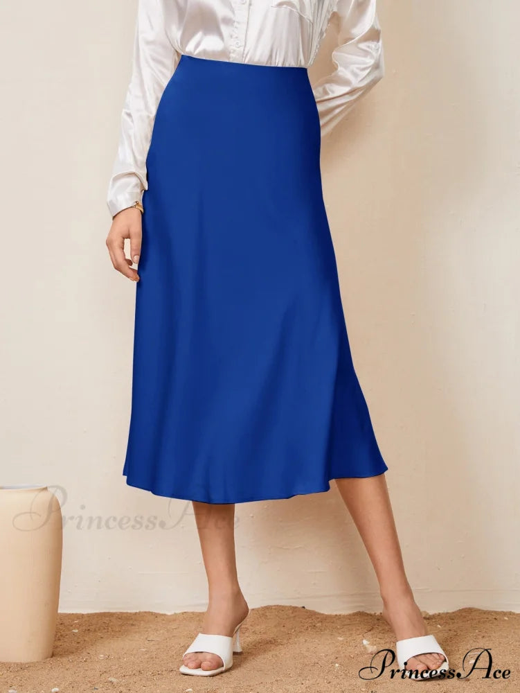 Solid High Waist Satin Skirt Workwear Blue / XS