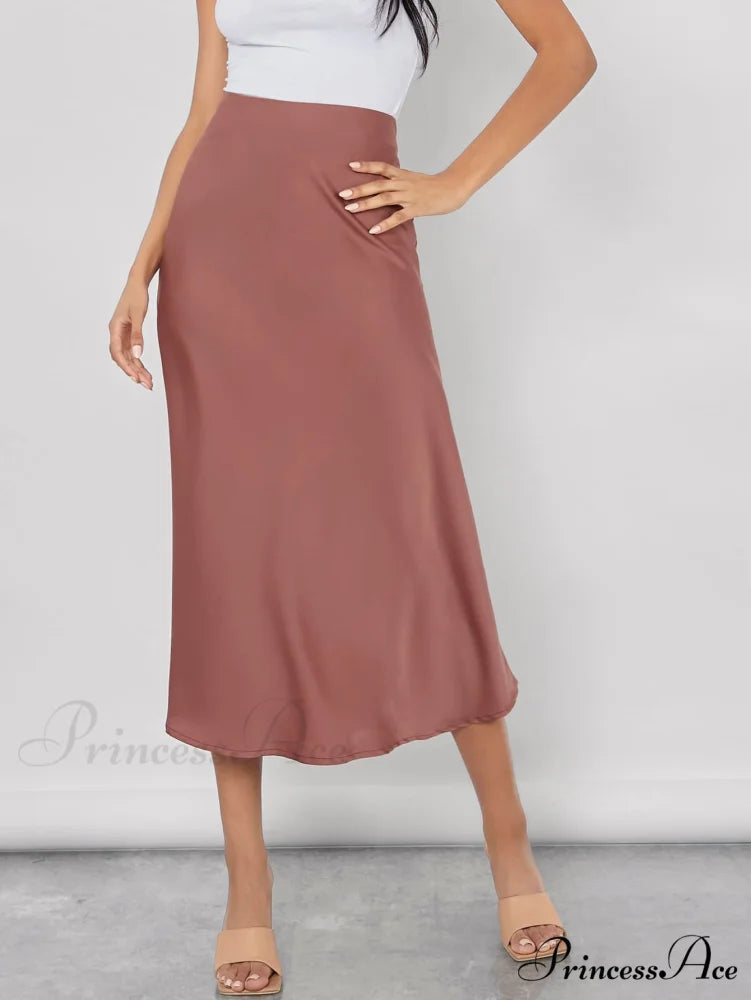 Solid High Waist Satin Skirt Workwear Dusty Pink / XS
