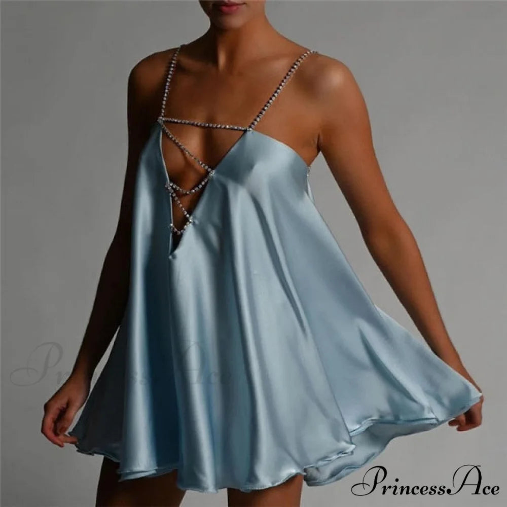 Solid Hollow V-neck A-line Mini Flared Dress Blue / S