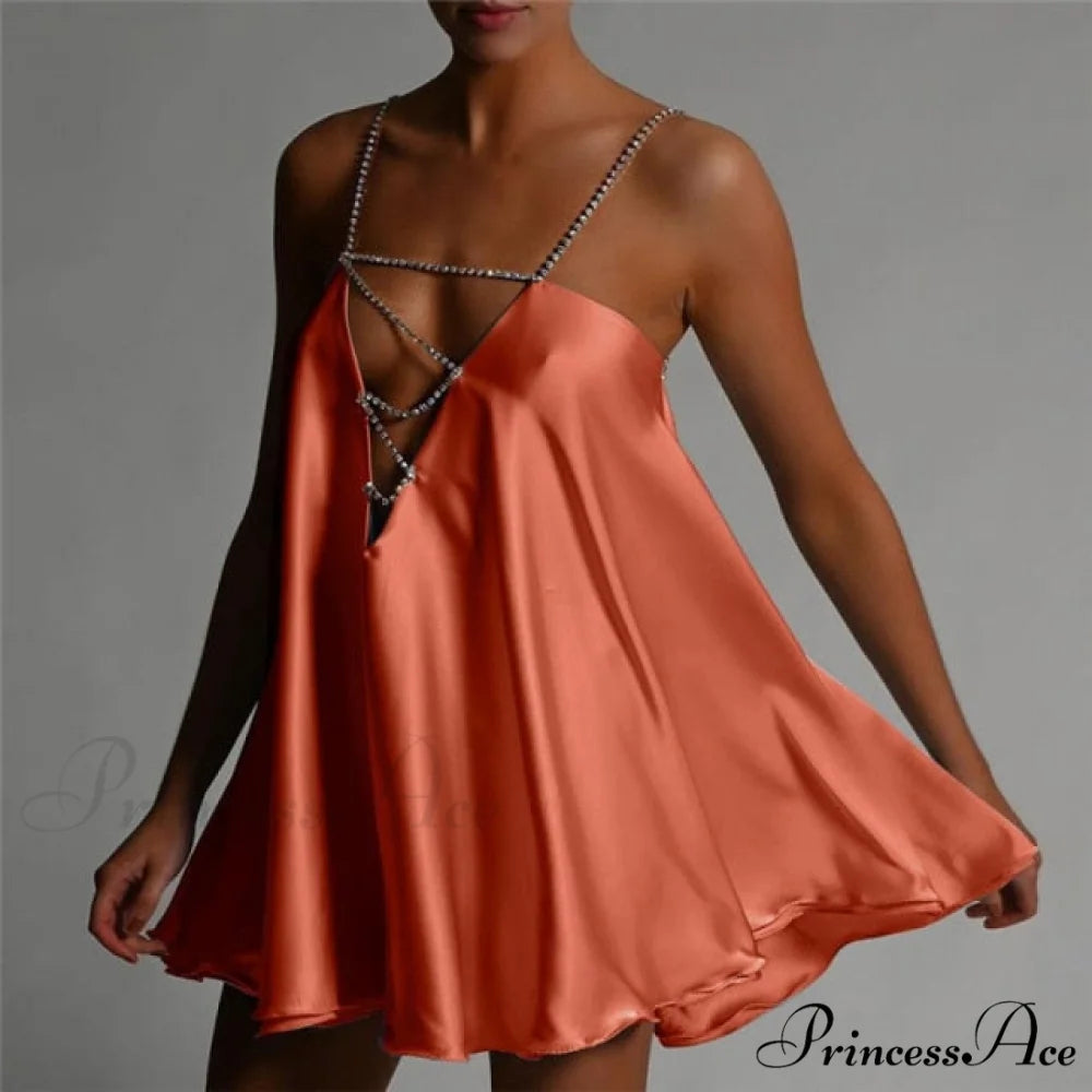 Solid Hollow V-neck A-line Mini Flared Dress Orange / S