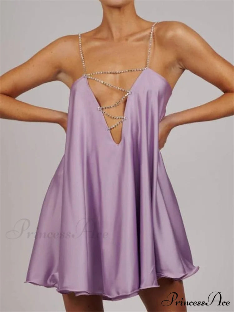 Solid Hollow V-neck A-line Mini Flared Dress Purple / S