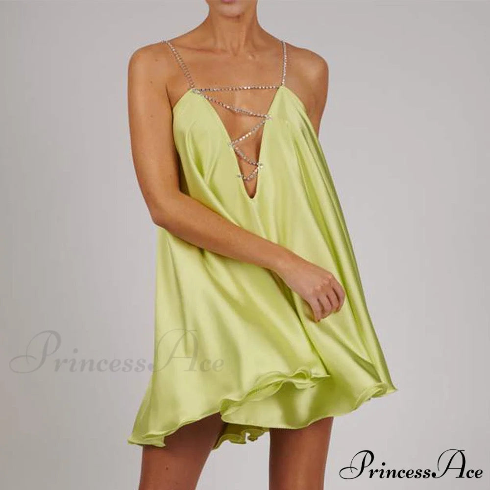 Solid Hollow V-neck A-line Mini Flared Dress Yellow / S