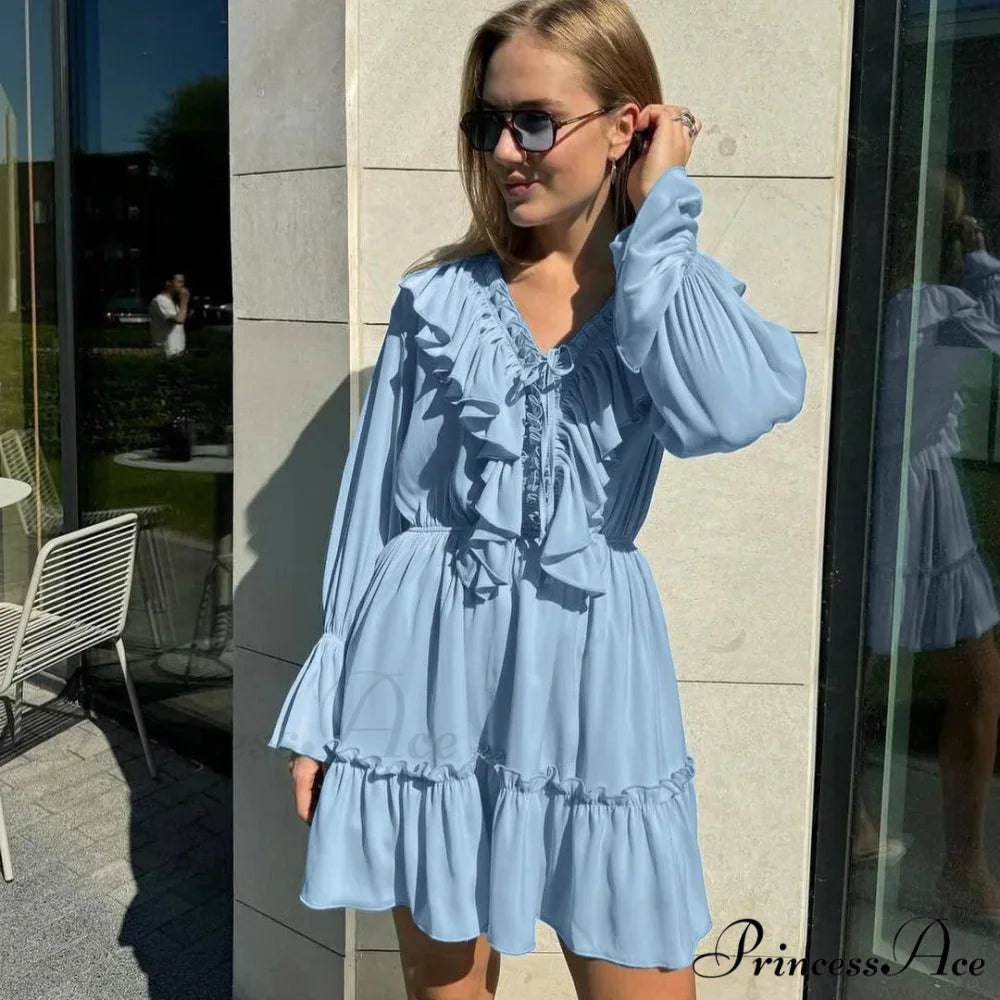 Solid Ivory Cotton Rayon Long Sleeve Frill Dress Blue / S bohodress-250126