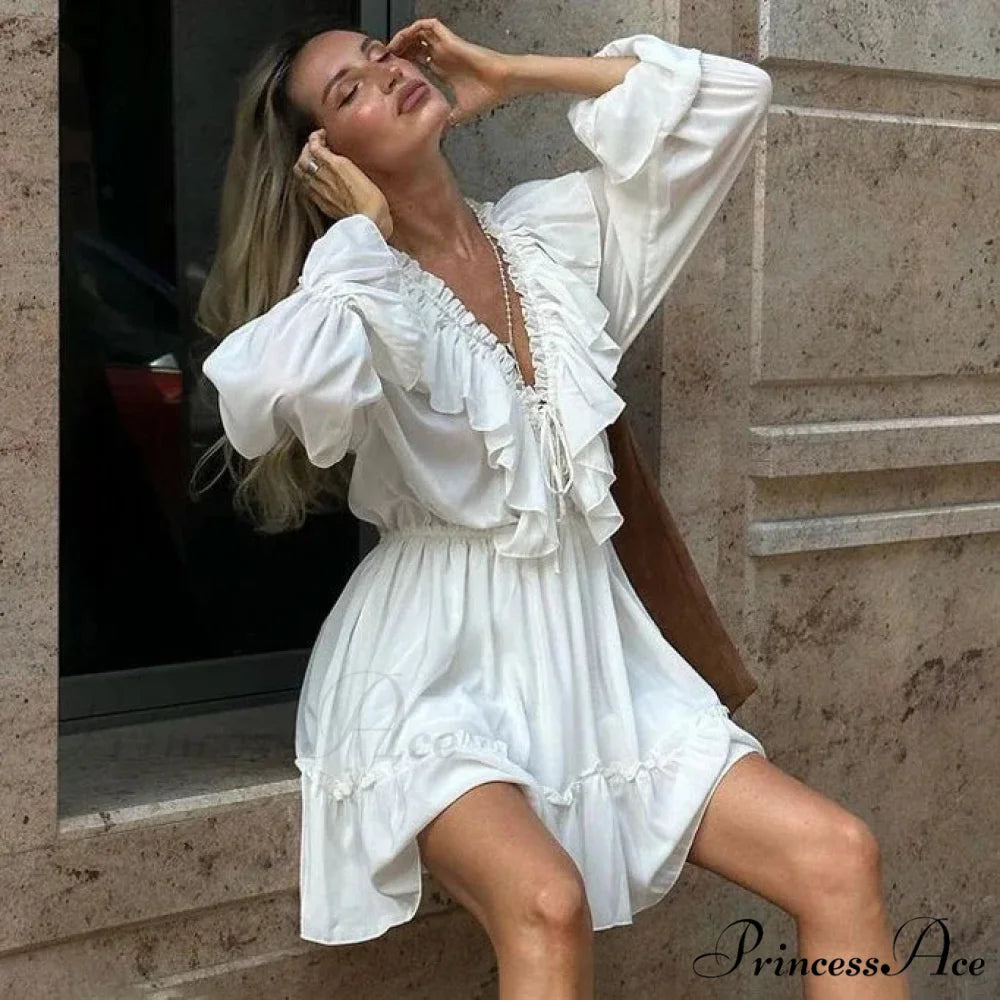 Solid Ivory Cotton Rayon Long Sleeve Frill Dress WHITE / S bohodress-250126