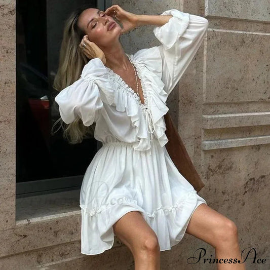 Solid Ivory Cotton Rayon Long Sleeve Frill Dress WHITE / S bohodress-250126