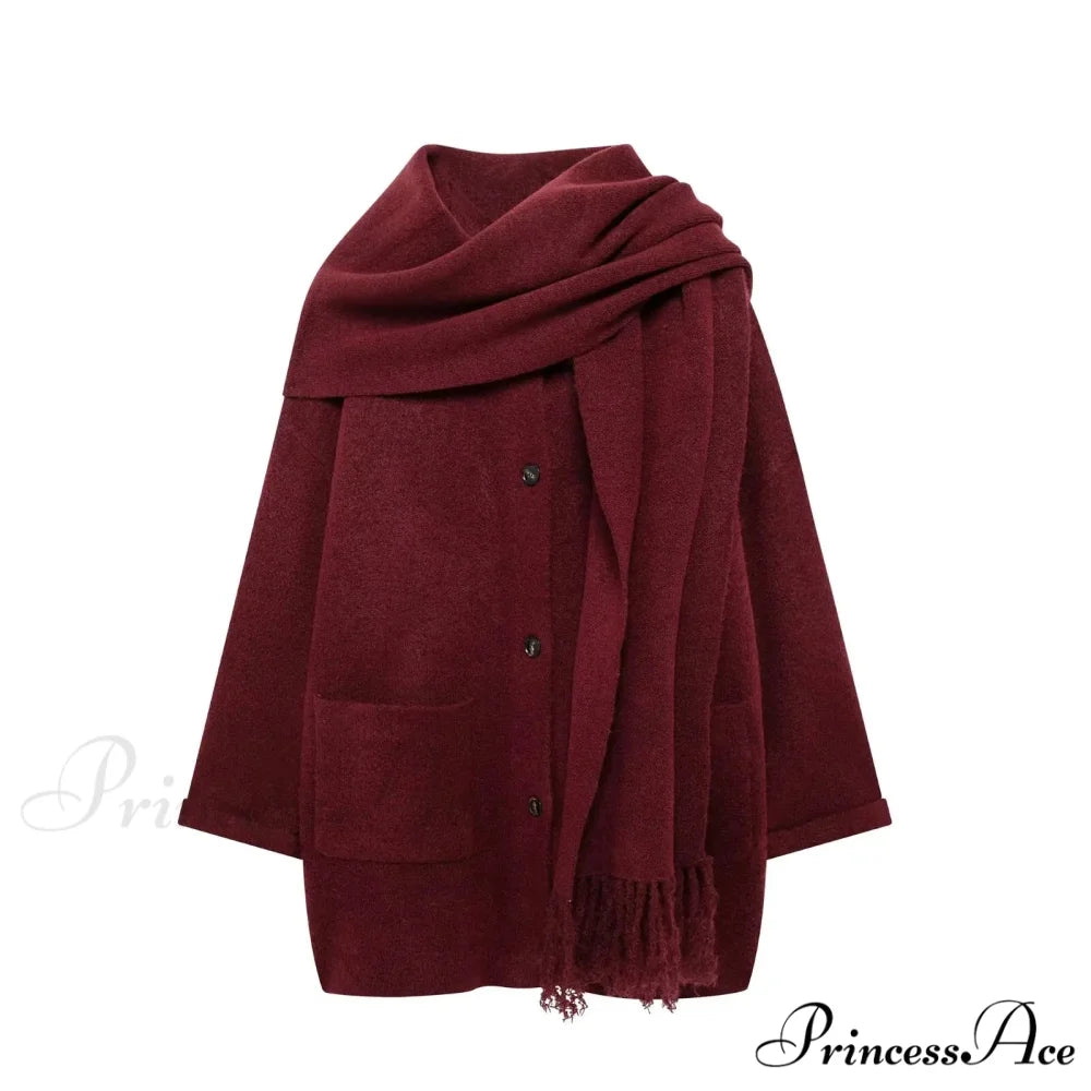 Solid Knitted Single Breasted Coat burgundy red / S