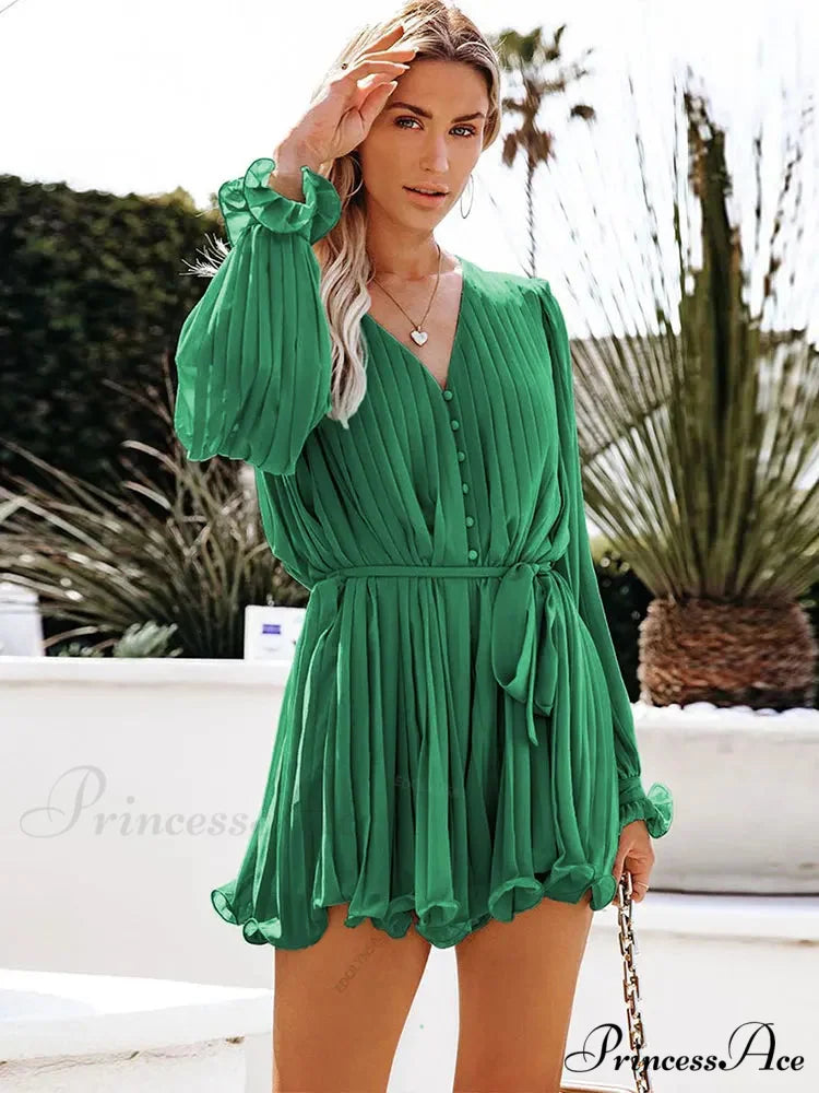 Solid Lace-up V-neck Button Ruffle Sexy Long Sleeves Mini Dress Green / S