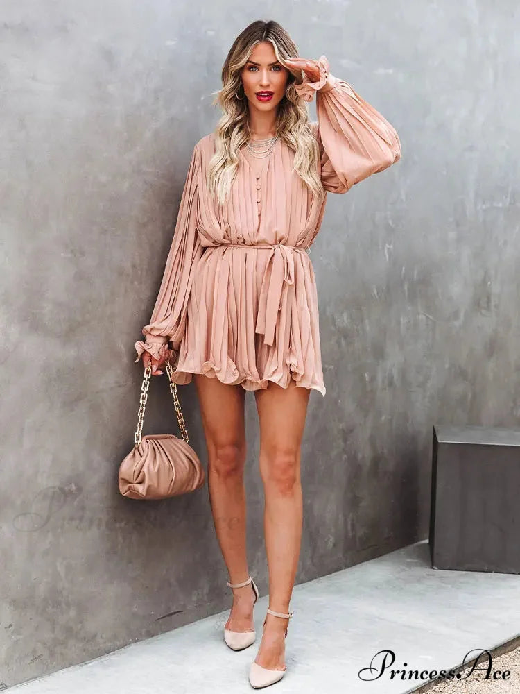 Solid Lace-up V-neck Button Ruffle Sexy Long Sleeves Mini Dress Pink / S