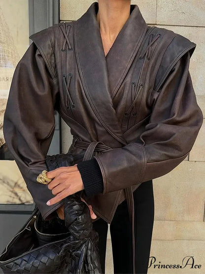 Solid Lapel Leather Cropped Coat Style C / S