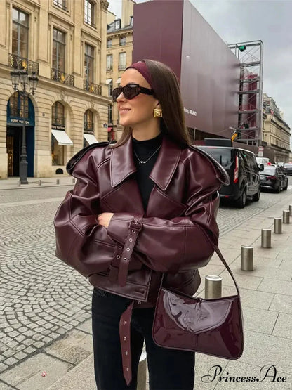 Solid Lapel Leather Cropped Coat Style D / S