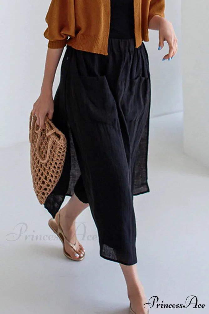 Solid Linen Midi Skirt with Pockets Black / L