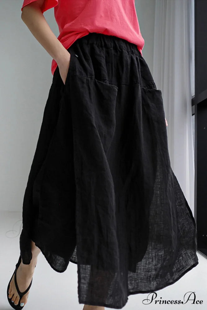 Solid Linen Midi Skirt with Pockets Black / M