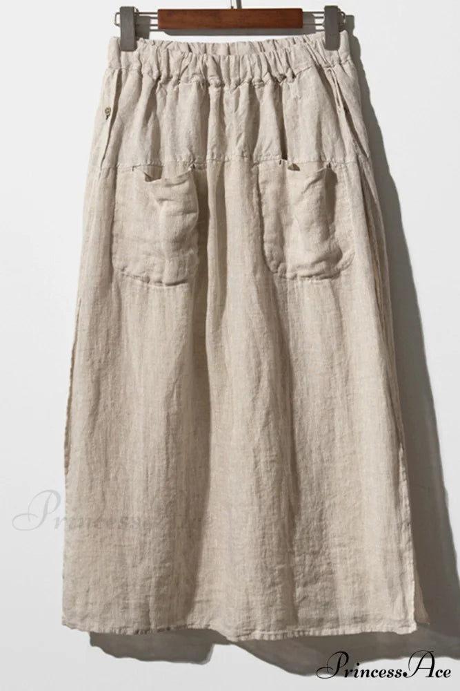 Solid Linen Midi Skirt with Pockets Khaki / M