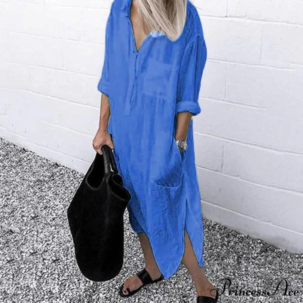 Solid Long Sleeve Side Split Long Dress BLUE / S