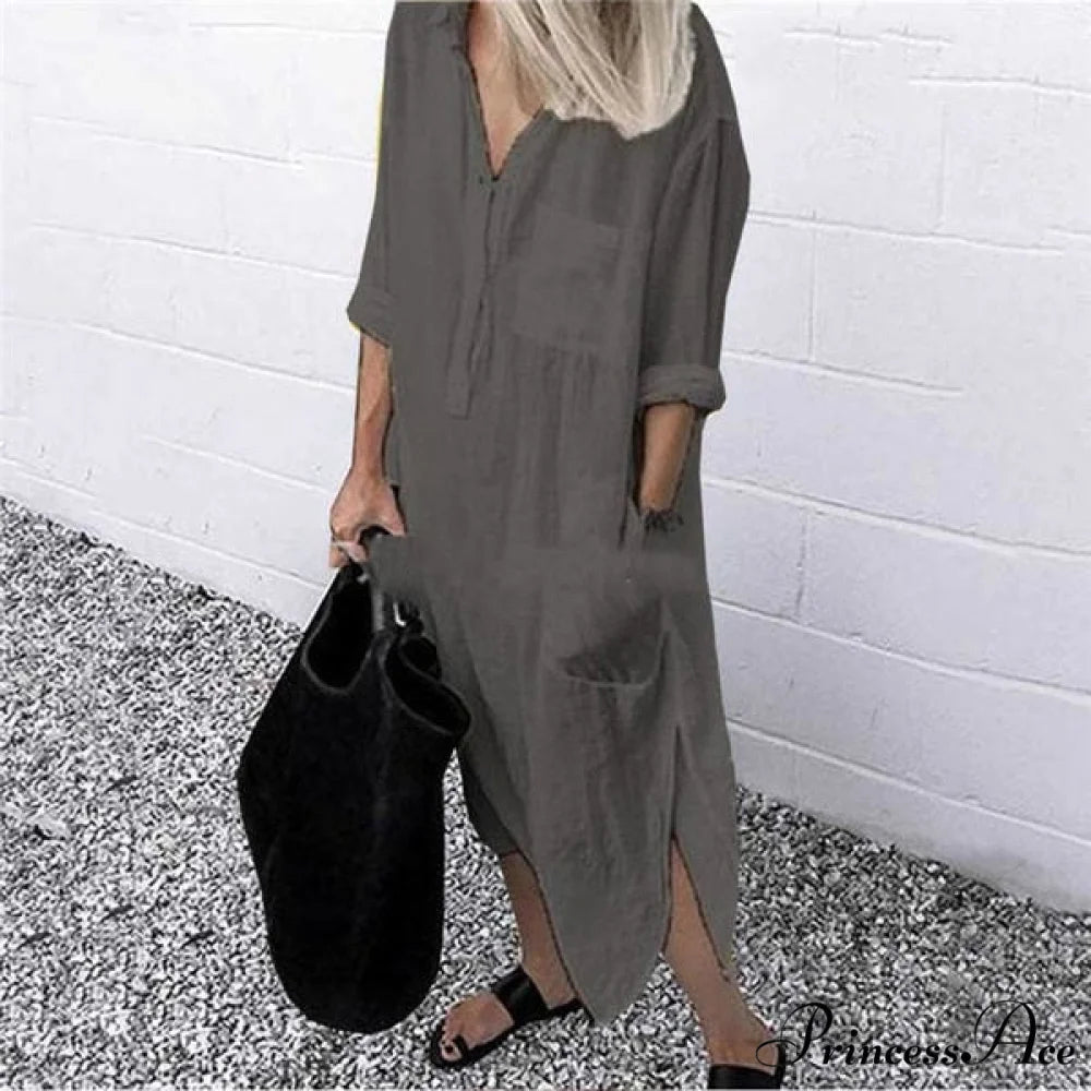 Solid Long Sleeve Side Split Long Dress GREY / S