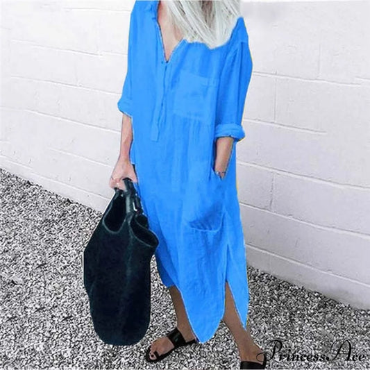 Solid Long Sleeve Side Split Long Dress LIGHT BLUE / S