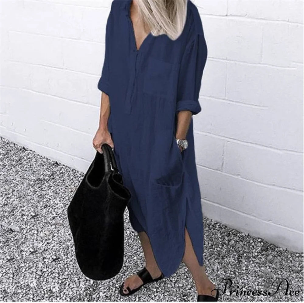 Solid Long Sleeve Side Split Long Dress NAVY / S
