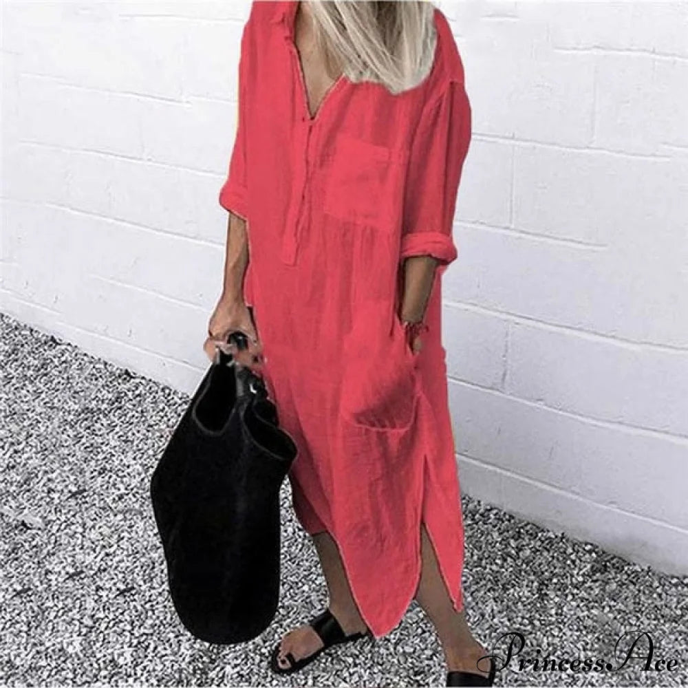 Solid Long Sleeve Side Split Long Dress RED / S