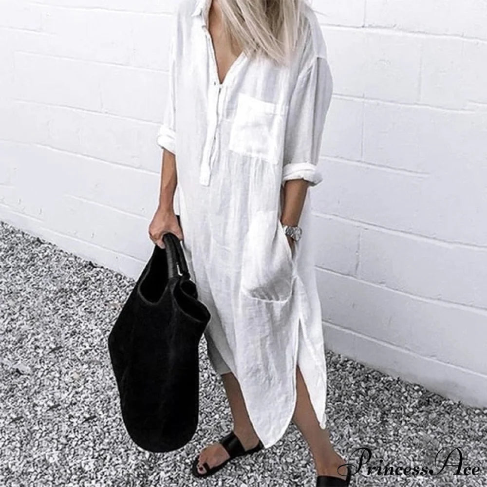 Solid Long Sleeve Side Split Long Dress WHITE / S