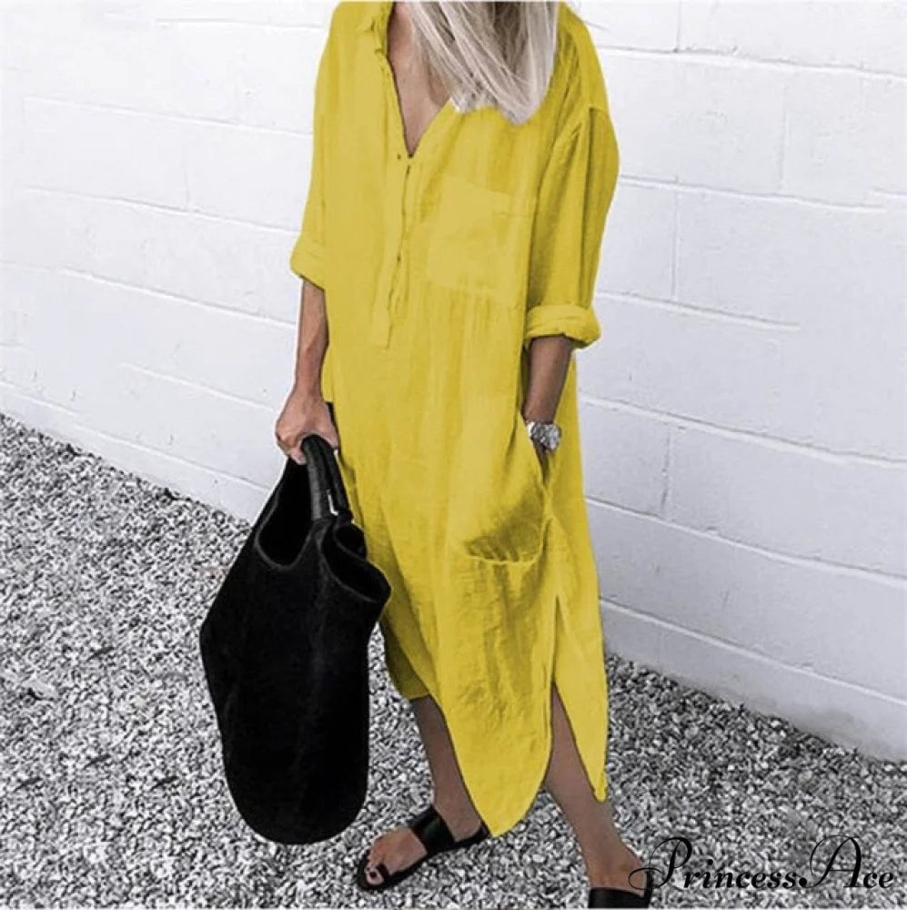 Solid Long Sleeve Side Split Long Dress YELLOW / S