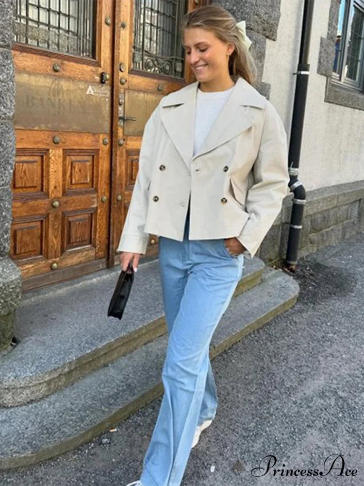 Solid Loose Contrast Double Collar Double Breasted Long Women’s Windbreaker Office Lady 2024 Stylish Coat