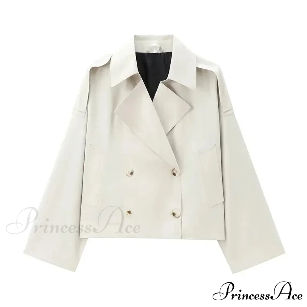 Solid Loose Contrast Double Collar Double Breasted Long Women’s Windbreaker Office Lady 2024 Stylish Coat BEIGE / XS